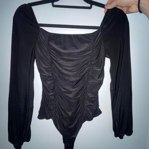 Black Long Sleeve Ruched Women's Bodysuit
